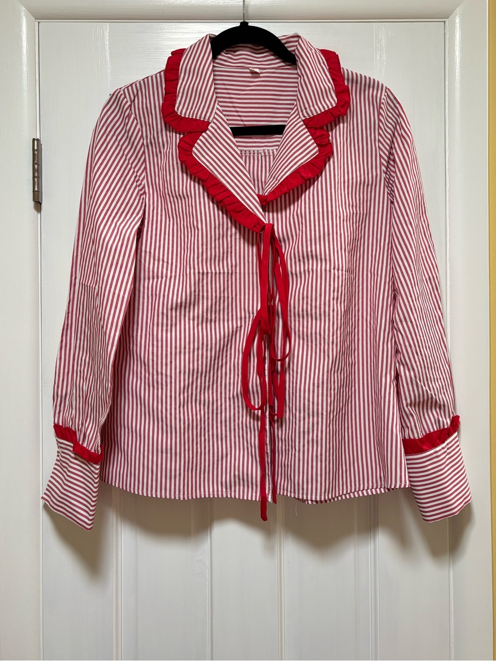 Red Striped Ruffle-Trim Women's Top